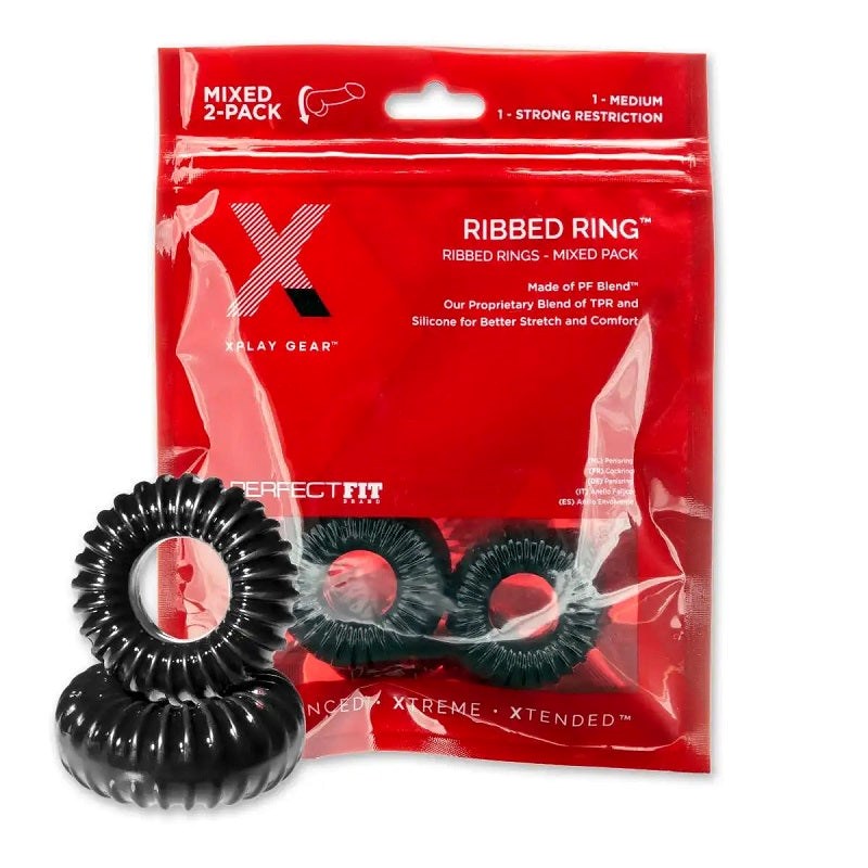 Perfect Fit Xplay Ribbed Ring Combo with Two Ring Sizes for Enhanced Play - - Stretchy Cock Rings