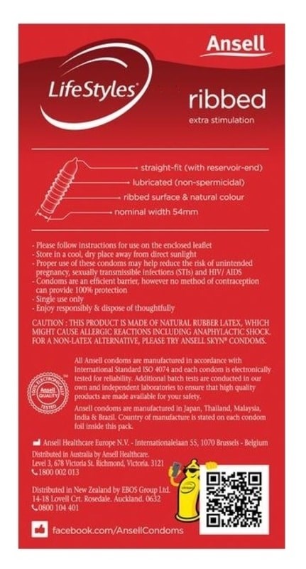 Ansell Lifestyle Stretchy Ribbed Condoms 12 Pk - - Condoms