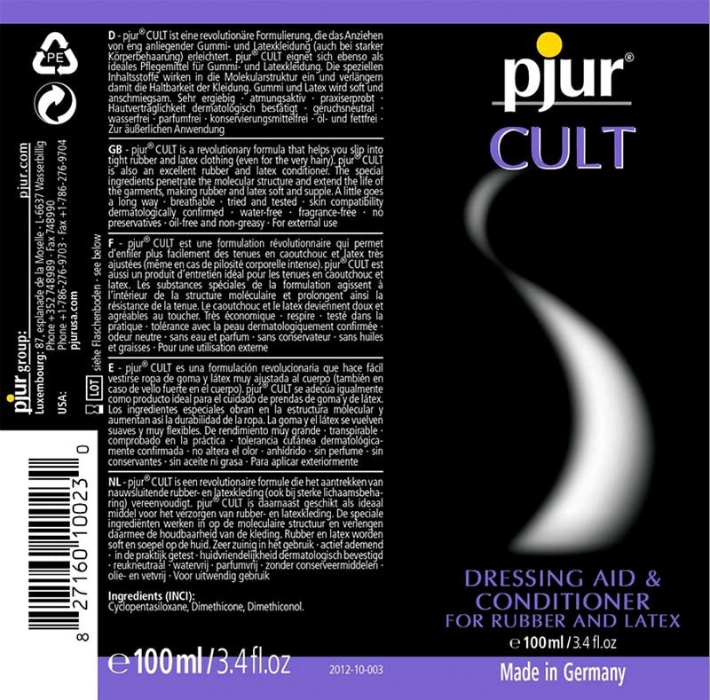 Pjur CULT Rubber and Latex Aid 100ml Essential Cock Gear - - Silicone Based Lubes