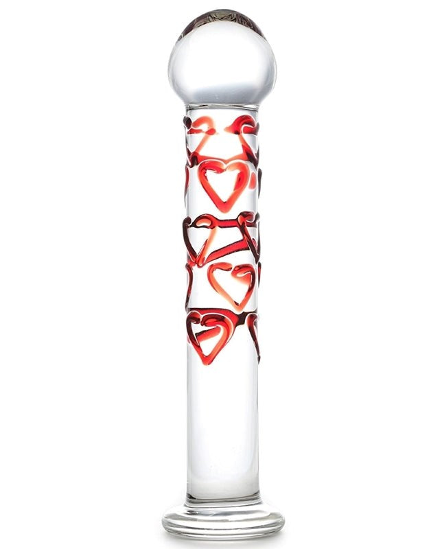 Adam & Eve Red Hearts Glass Dildo with Heart Textures - - Glass Sex Toys