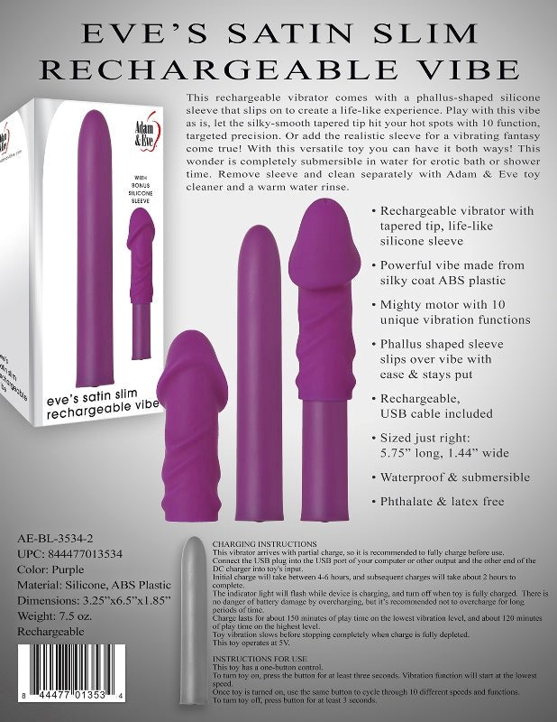 Adam & Eve Eves Satin Slim Rechargeable Vibe with Tapered Tip - - Personal Massagers