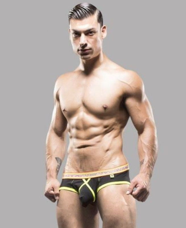 Andrew Christian Almost Naked Dare Brief Black with Cross Strap Pouch - - Mens Briefs And Boxers