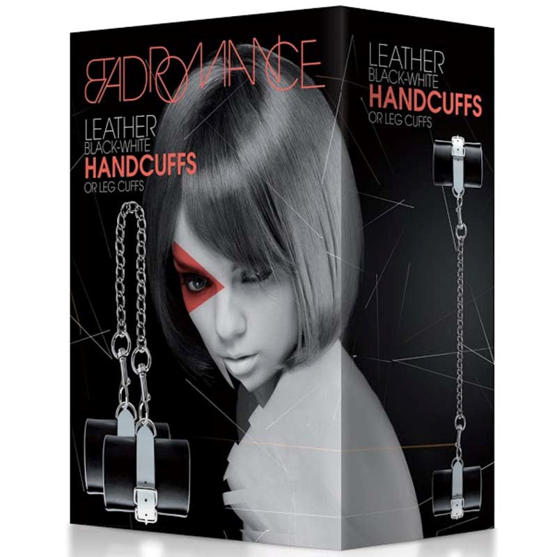 Shots Toys Bad Romance Leather Black & White Hand or Leg Cuffs Premium BDSM - - Cuffs and Restraints