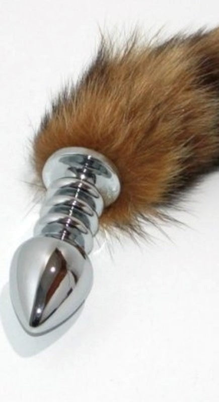BDStyle Brown Faux Fox Tail Ribbed Silver Butt Plug Premium Anal Sex Toy - - Steel Sex Toys