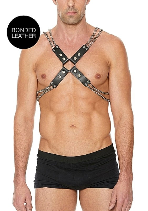 Shots Toys Chain and Chain Harness Black Leather Steel Construction - - Cuffs and Restraints