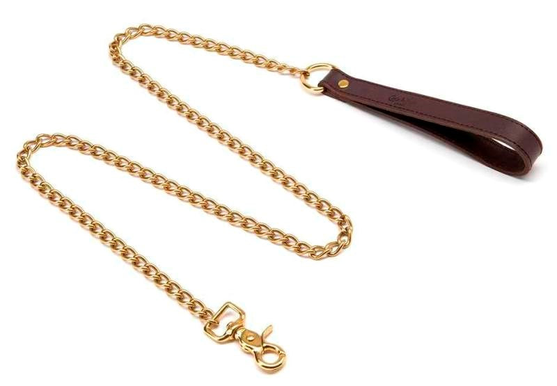 Coco de Mer Brown Leather Lead Premium BDSM Restraint with Brass Chain - - Collars and Leads