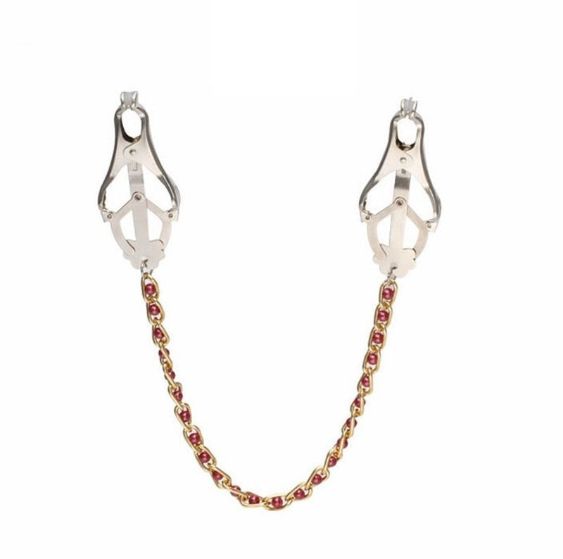 BDStyle Cripple Nipple Clover Clamps Pearls & Chain Non Adjustable Design - - Breast and Nipple Toys