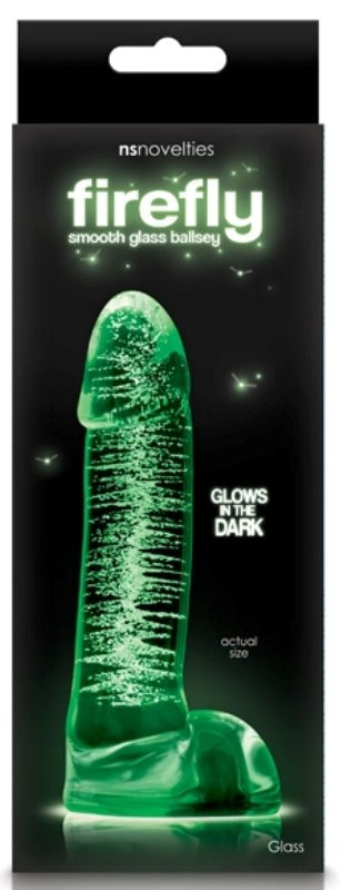 NS Novelties Firefly Glass Smooth Ballsey 4 inch Dildo Glow in the Dark - - Glass Sex Toys