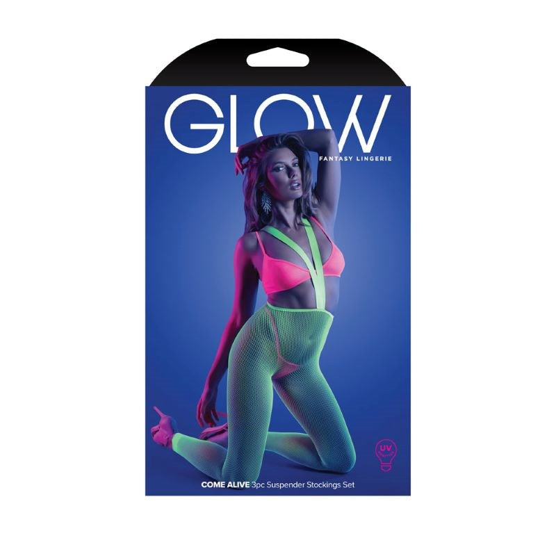 Fantasy Lingerie Glow Come Alive 3pc Suspender Stockings Set UV Reactive - - Hosiery