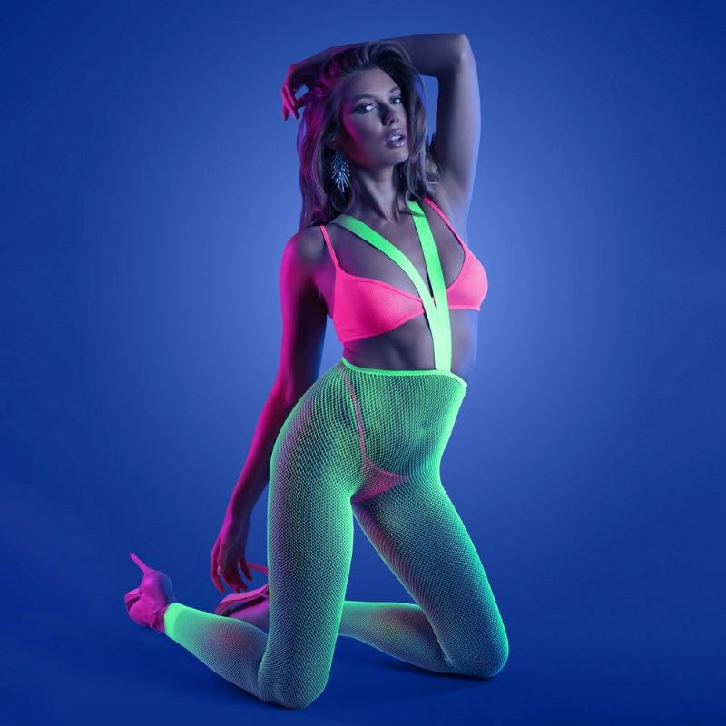Fantasy Lingerie Glow Come Alive 3pc Suspender Stockings Set UV Reactive - - Hosiery