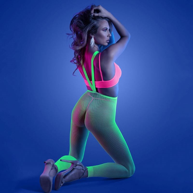 Fantasy Lingerie Glow Come Alive 3pc Suspender Stockings Set UV Reactive - - Hosiery