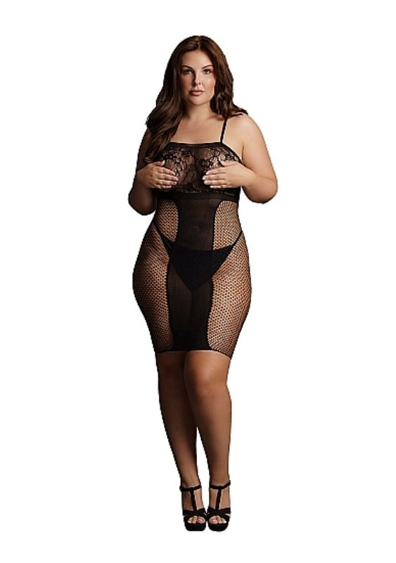 Shots Toys Knee Length Lace and Fishnet Dress Premium Intimate Lingerie - - Body Stockings