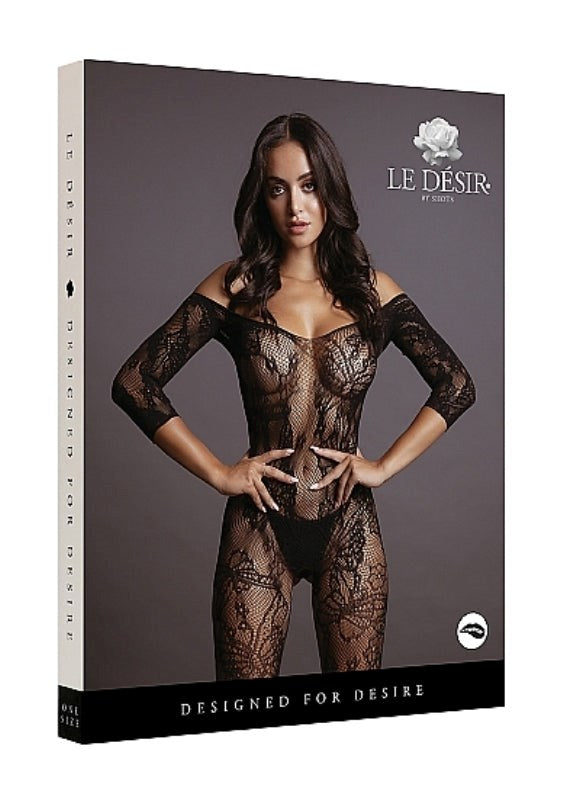 Shots Toys Lace Sleeved Bodystocking One Size Stretch Lace Open Crotch - - Body Stockings