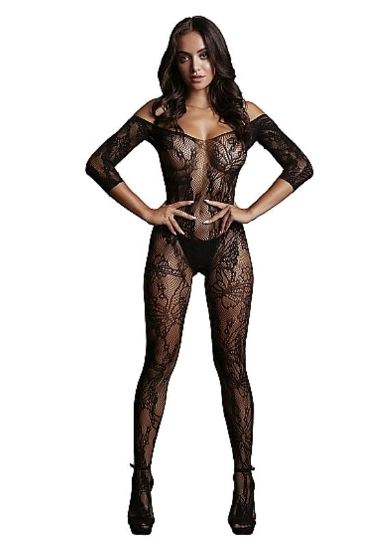 Shots Toys Lace Sleeved Bodystocking One Size Stretch Lace Open Crotch - - Body Stockings