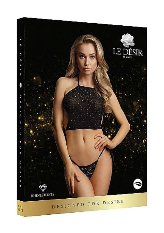 Shots Toys Le Desir Festive Rhinestone Top and Thong OS Black Sexy Lingerie - - Bras and Bra Sets
