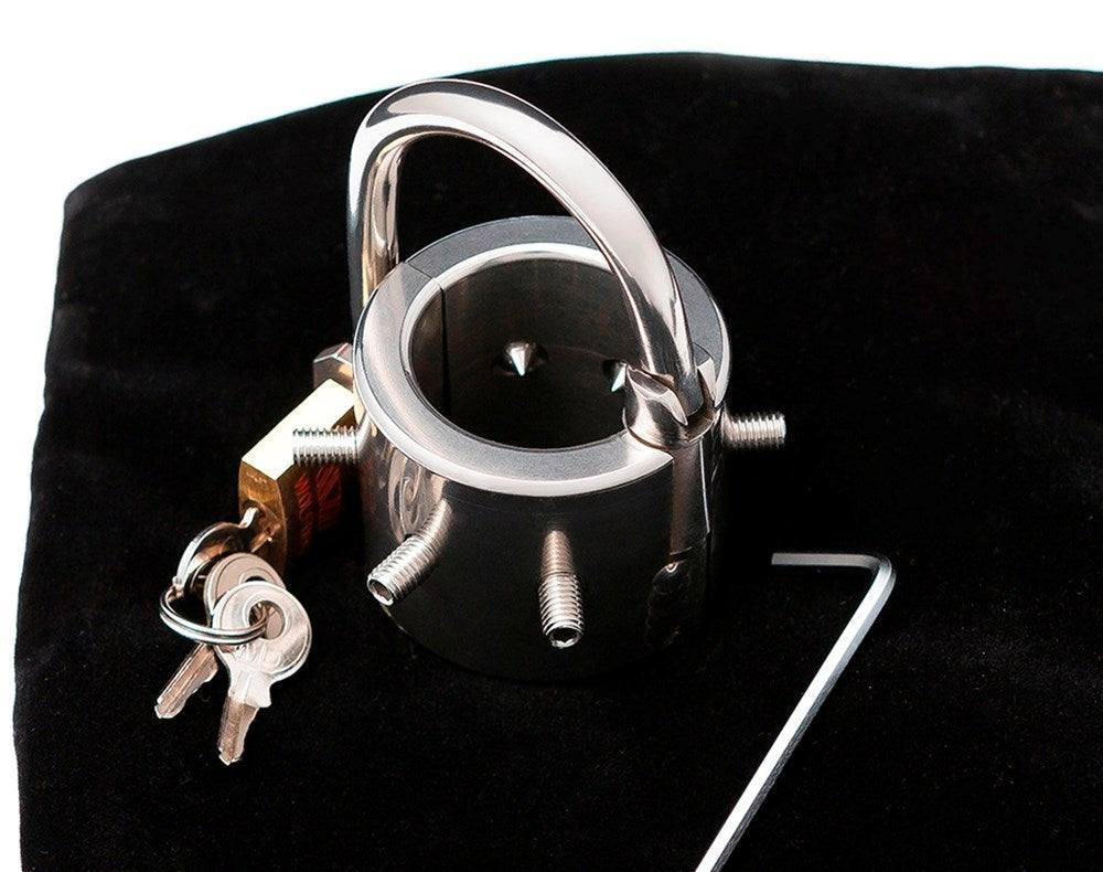 Hells Couture Locking Spiked Ball Splitter Premium Steel BDSM Device - - Steel Sex Toys