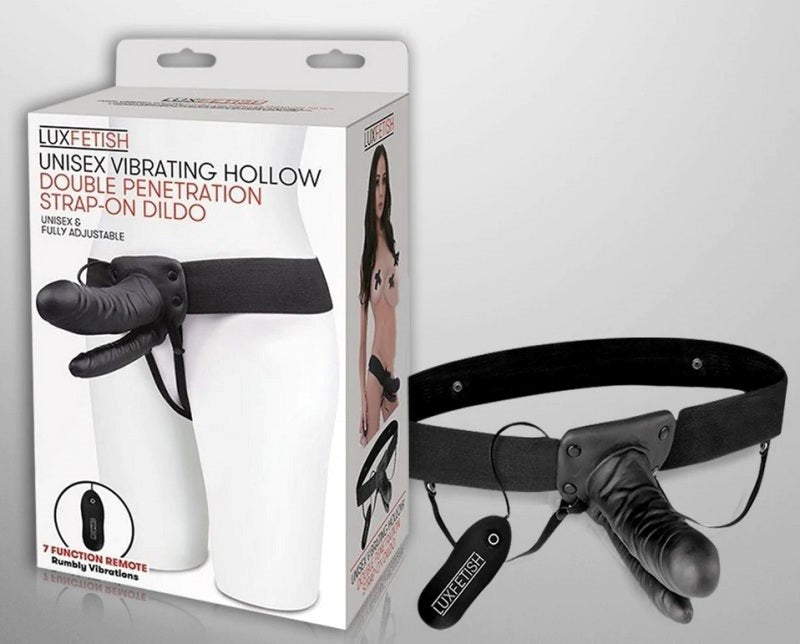 Lux Fetish Unisex Vibrating Hollow Double Penetration Strap On with Dual Action - - Strap On Sextoys