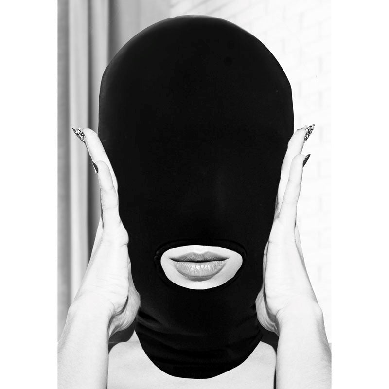 Shots Toys OUCH! BW Submission Mask With Open Mouth Spandex Hood - - Masks And Blindfolds