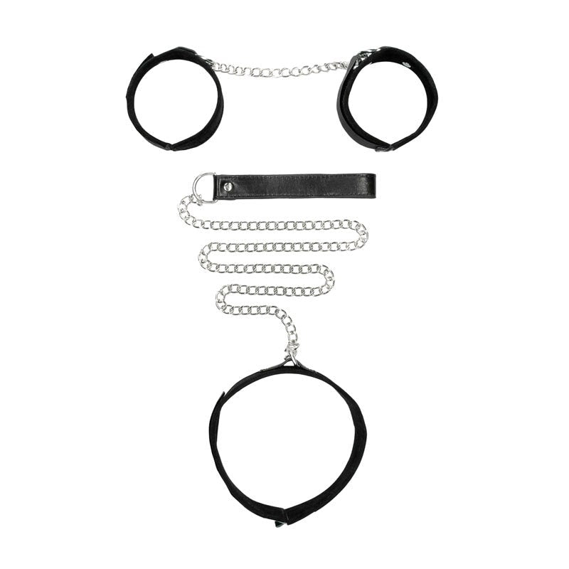 Shots Toys OUCH! BW Velcro Collar With Leash And Hand Cuffs Premium BDSM Set - - Cuffs and Restraints