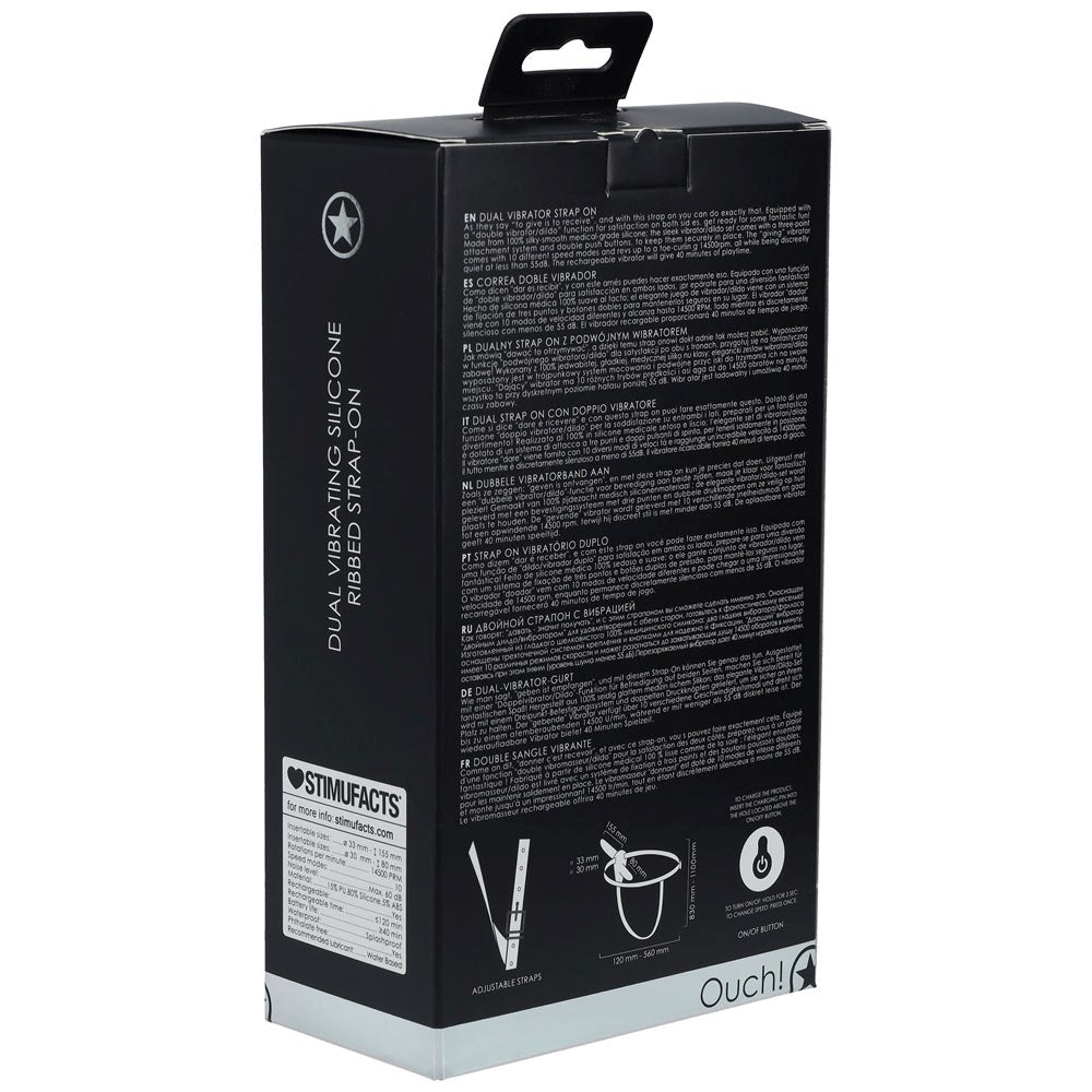 Shots Toys OUCH! Dual Silicone Ribbed Vibrating Strap On Double the Bliss - - Strap On Sextoys