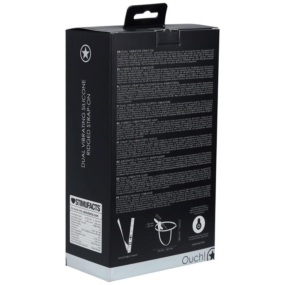 Shots Toys OUCH! Dual Silicone Ridged Vibrating Strap On Dual Motors - - Strap On Sextoys