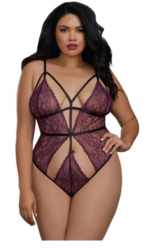 Dream Girl Lingerie Plus Size Stretch Lace Teddy with Strappy Elastic Details - - Babydolls and Chemises
