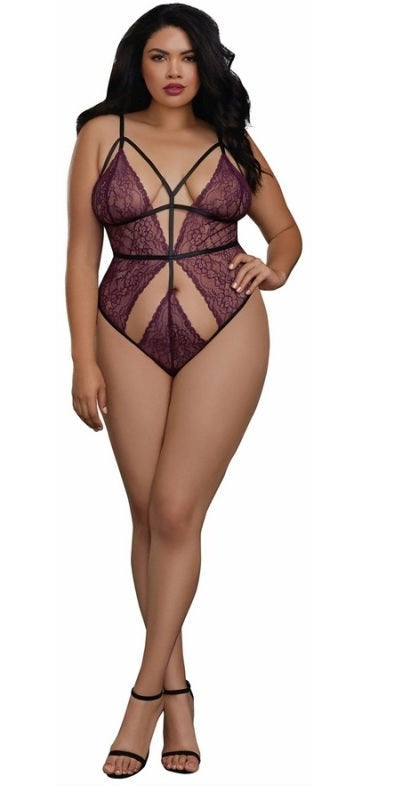 Dream Girl Lingerie Plus Size Stretch Lace Teddy with Strappy Elastic Details - - Babydolls and Chemises