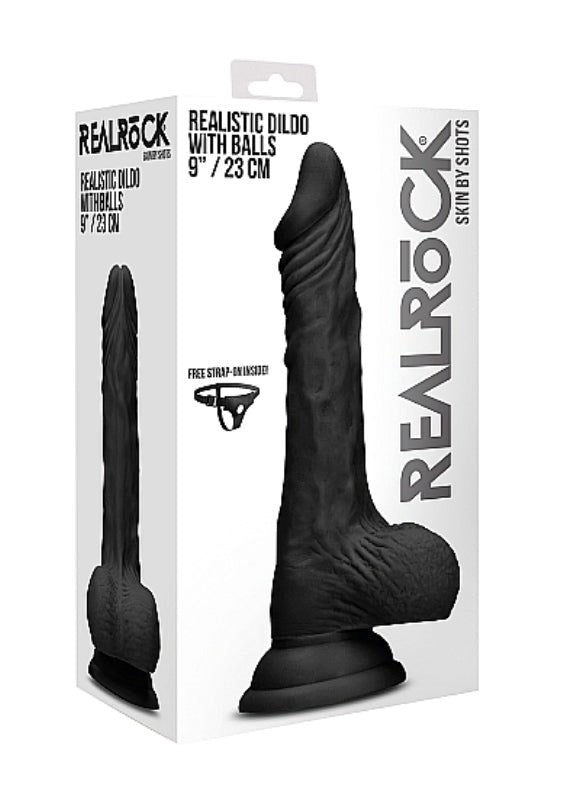Shots Toys Realrock Skin Dildo with Balls Black Realistic TPE Design - - Realistic Dildos
