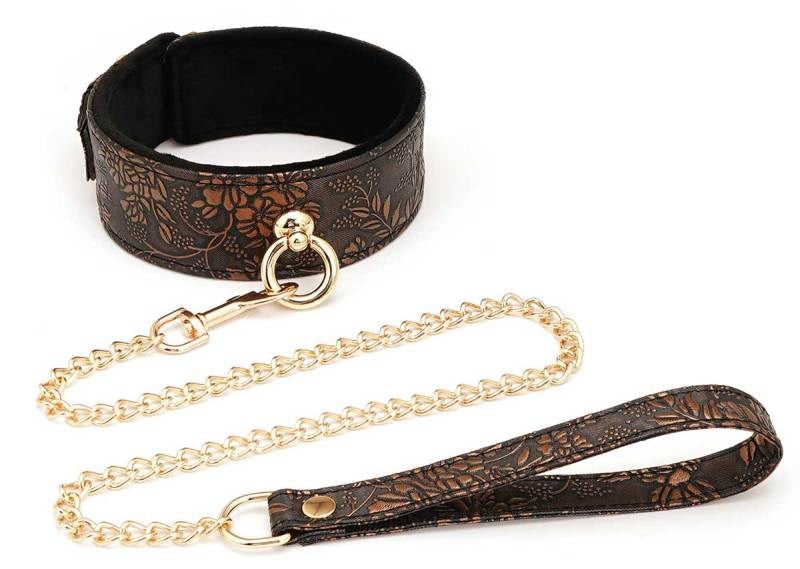 Spartacus Brown Floral Print PU Collar and Leash BDSM Control Set - - Collars and Leads