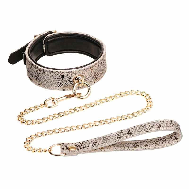 Spartacus White Snake Print Microfiber Collar and Leash BDSM Bondage Set - - Collars and Leads