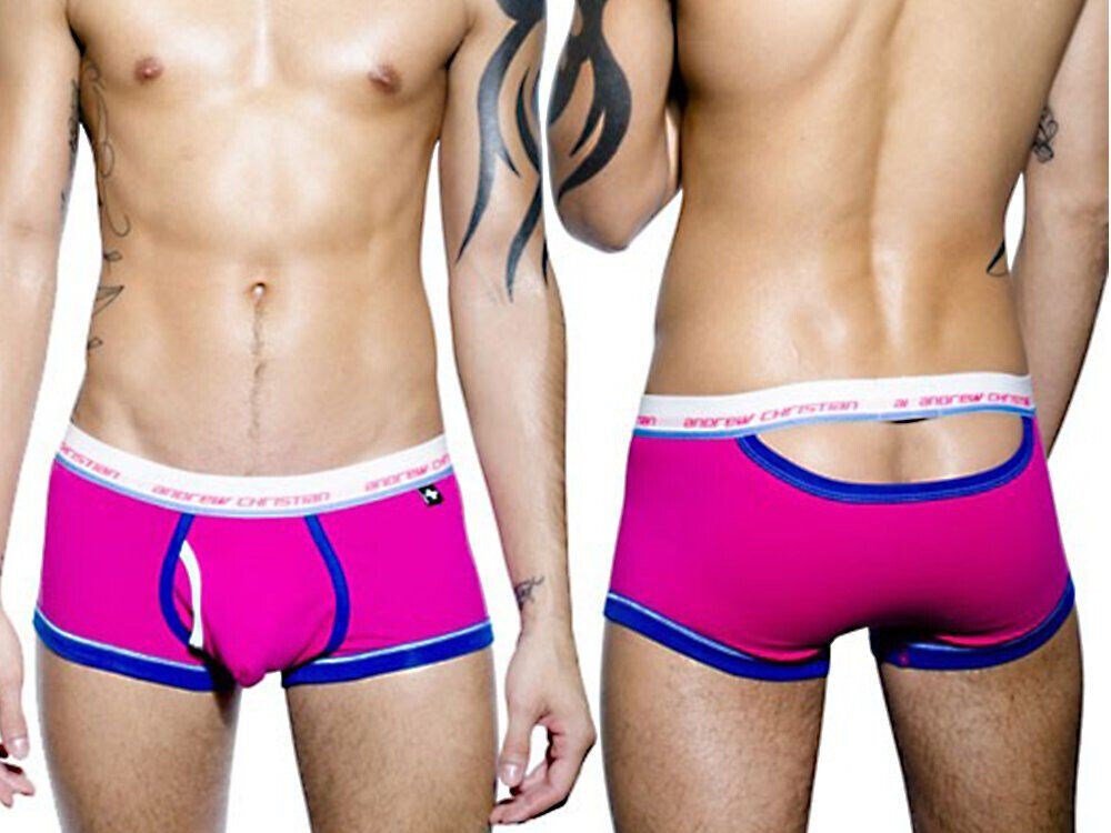 Andrew Christian Tighty Whitie Punked Cresent Boxer Fuchsia with Peep Window - - Mens Briefs And Boxers