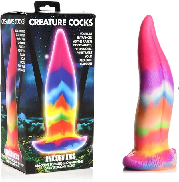 XR Brands Unicorn Kiss Silicone Dildo with Glow in Dark Rainbow Tongue - - Non-Realistic Dildos