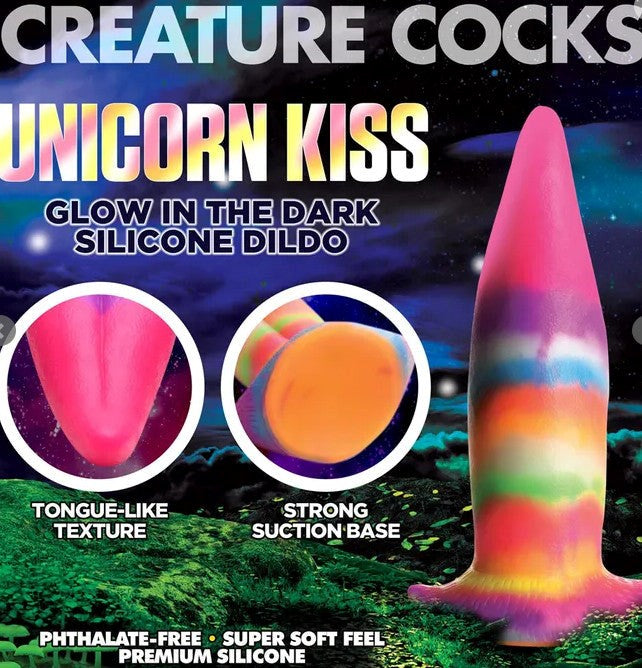 XR Brands Unicorn Kiss Silicone Dildo with Glow in Dark Rainbow Tongue - - Non-Realistic Dildos