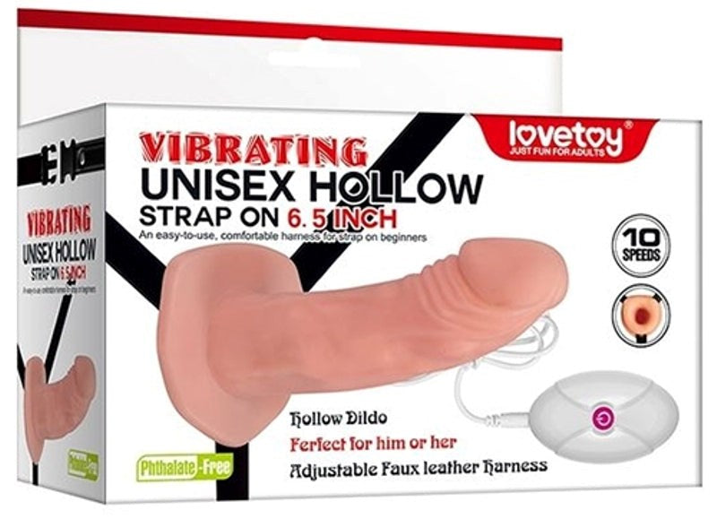 Lovetoy Vibrating Unisex Hollow Strap On 6.5 inch with Remote Control - - Strap On Sextoys
