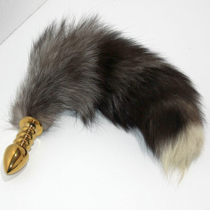 BDStyle Faux Fox Tail Ribbed Gold Butt Plug Large with Ribbed Texture - - Steel Sex Toys