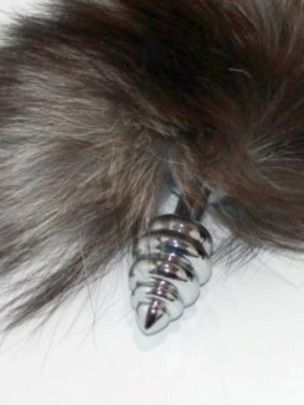 BDStyle Faux Fox Tail Ribbed Silver Butt Plug 30cm Tail for Pet Play - - Steel Sex Toys