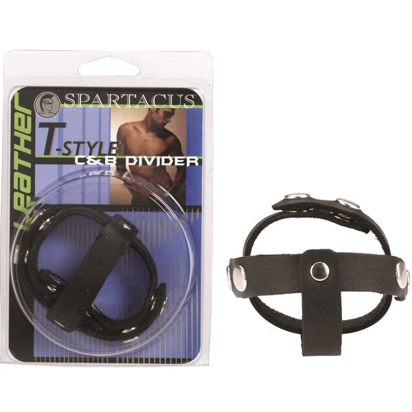Adjustable Black Leather T-Style Cock and Ball Divider - - Ball and Cock Toys