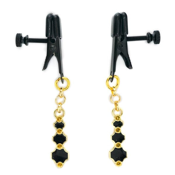 Black Broad Tip Clamp With Black Gem Pendants - - Nipple and Clit Clamps