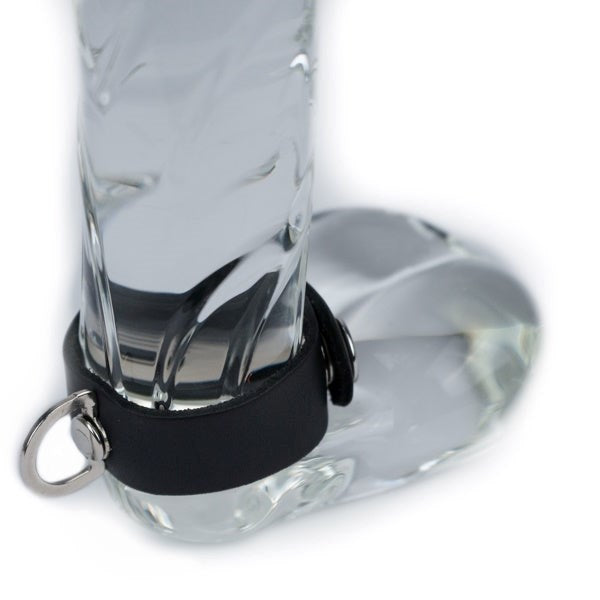 Black Leather Adjustable Penis Ring With Metal D-Ring - - Cock Rings