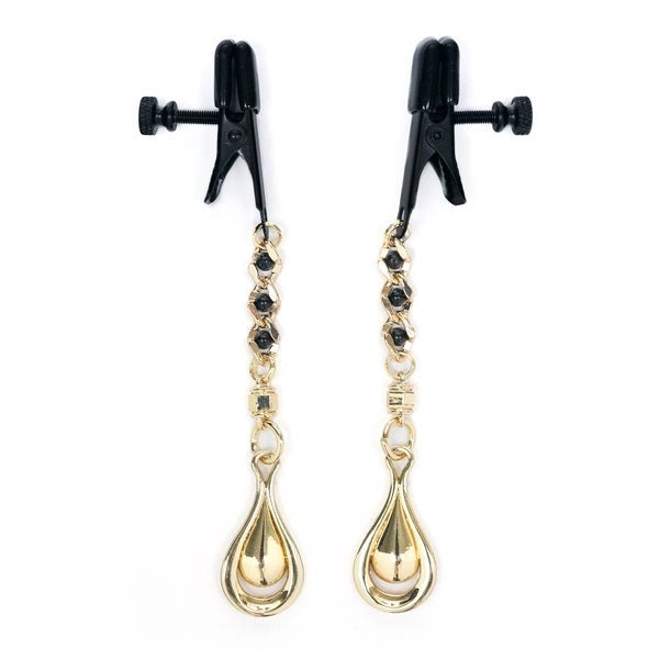 Broad Tip Clamp With Gold Accent Tear Drop Pendant - - Nipple and Clit Clamps