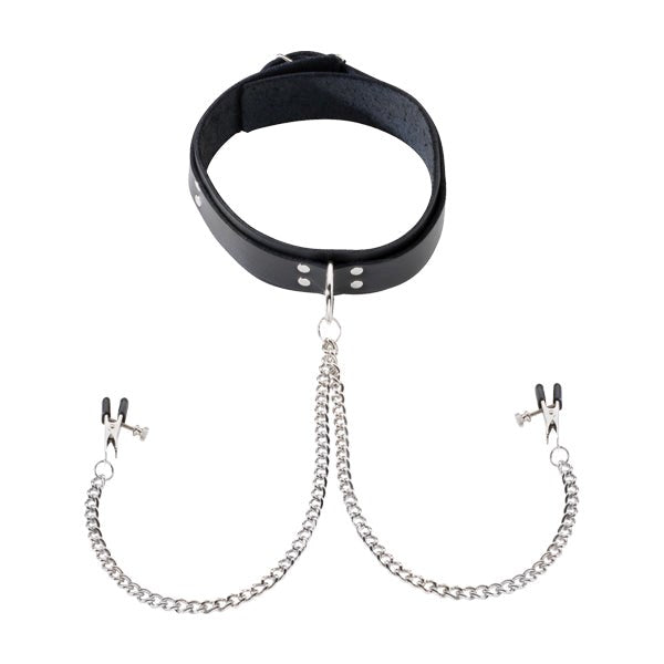 Spartacus Leather Double Strap O-Ring Collar - Broad Tip Clamps for Sensual Pleasure - - Collars and Leads