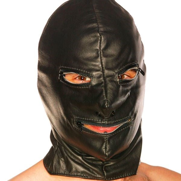SPARTACUS Luxuious Leather Eye & Mouth Zipper Hood - - Bondage Hoods