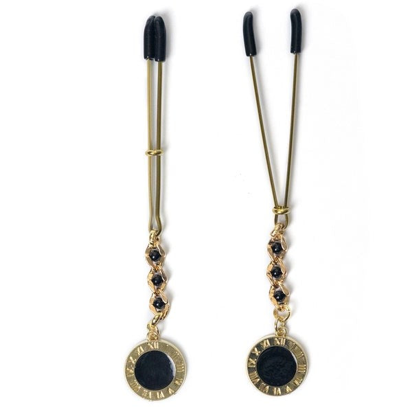 Tweezer Nipple Clamp With Clock Pendant - - Nipple and Clit Clamps