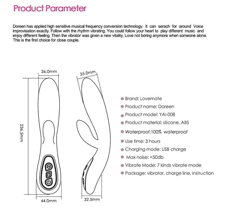 LoveMate Doreen Rabbit Music Vibe Sound Responsive Dual Motor Vibrator - - Rabbit Vibrators