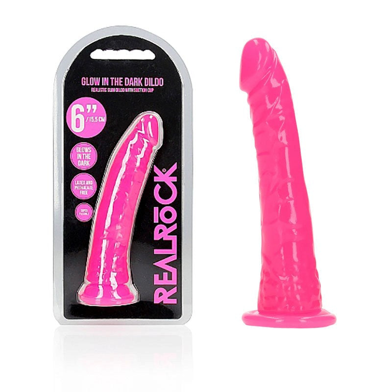 Shots Toys REALROCK 15.5 cm Slim Glow in the Dark Dildo with Luminescent Feature - - Realistic Dildos