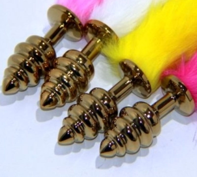 BDStyle Faux Rabbit Tail Ribbed Butt Plug Gold Medium with Stimulating Ribs - - Steel Sex Toys