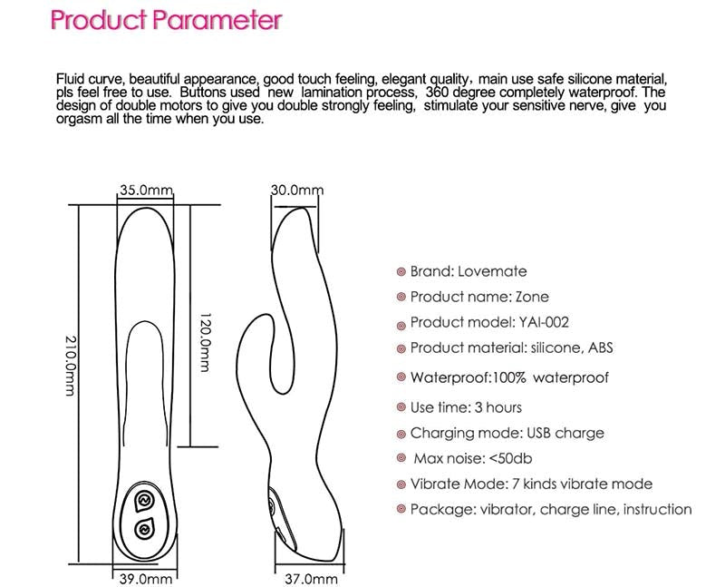 LoveMate Zone Rabbit Vibe Dual Motor Clitoral G Spot Stimulation Vibrator - - Sex Toys For Couples