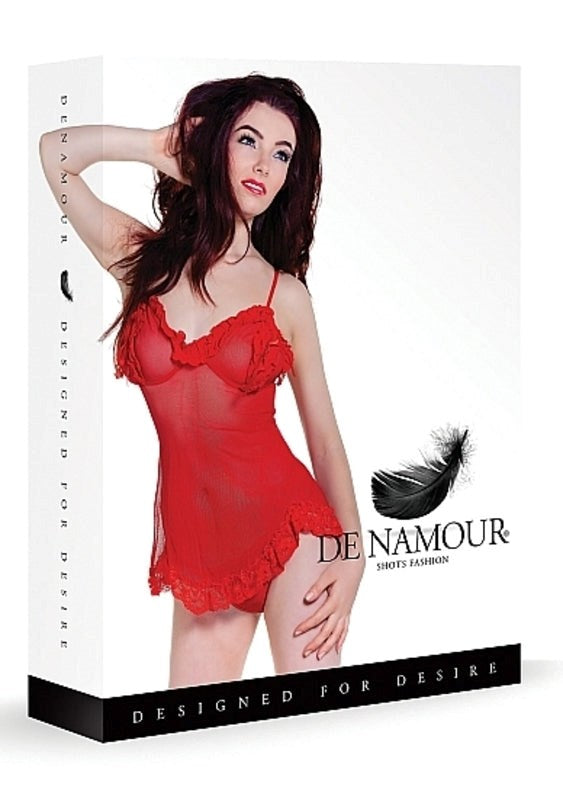 Shots Toys De Namour Red Babydoll & G String Sheer Lace Design - - Babydolls and Chemises