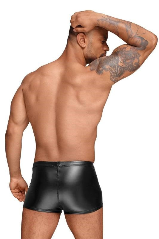 Noir Handmade Decadence Powerwetlook Mens Shorts with Decorative PVC Pleats - - Jocks and G-Strings