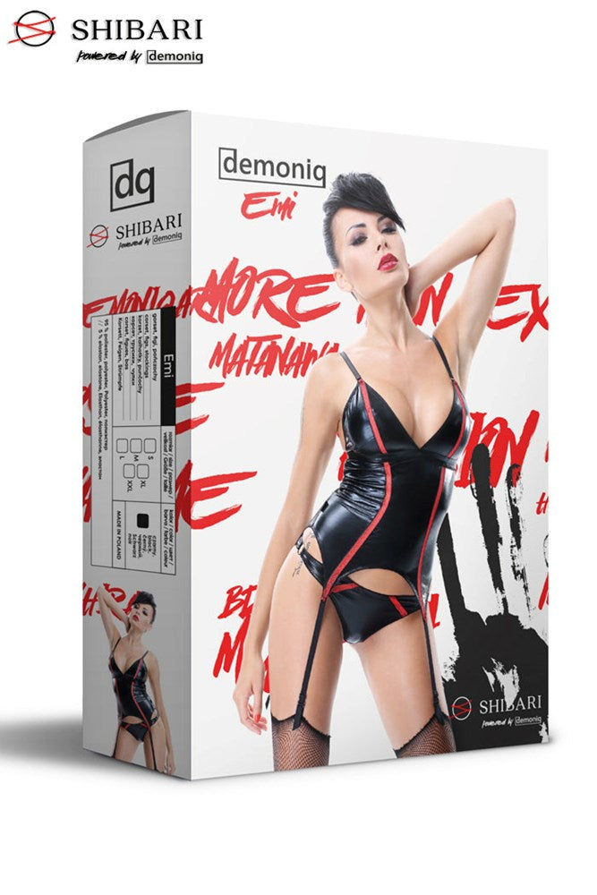 Demoniq Emi Black Corset with Red Net Accents and Matching Stockings - - Body Stockings